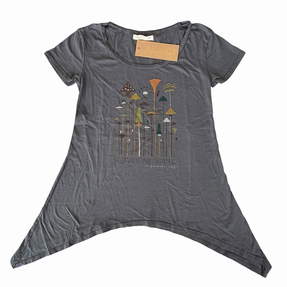 Niyama Sol "Heavily Meditated" Mushroom Tunic Tshirt XS •NWT Gray Organic Yoga
